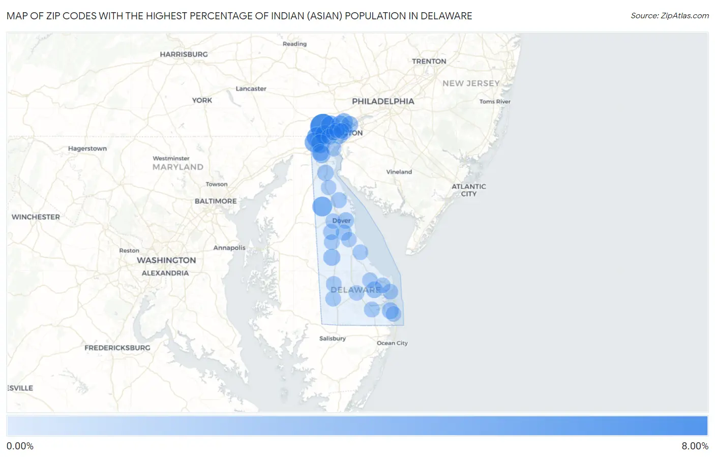 Zip Codes with the Highest Percentage of Indian (Asian) Population in Delaware Map
