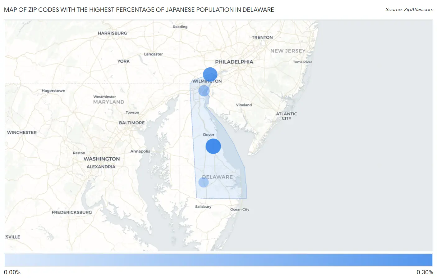 Zip Codes with the Highest Percentage of Japanese Population in Delaware Map