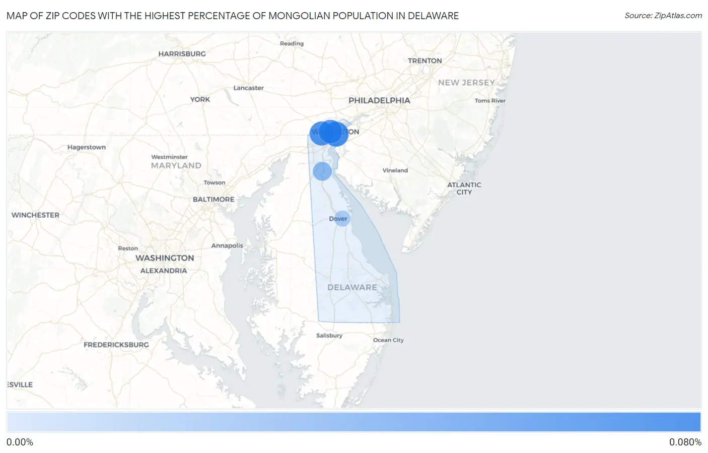 Zip Codes with the Highest Percentage of Mongolian Population in Delaware Map