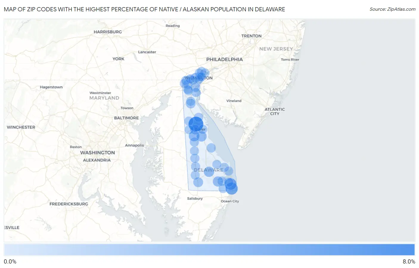 Zip Codes with the Highest Percentage of Native / Alaskan Population in Delaware Map