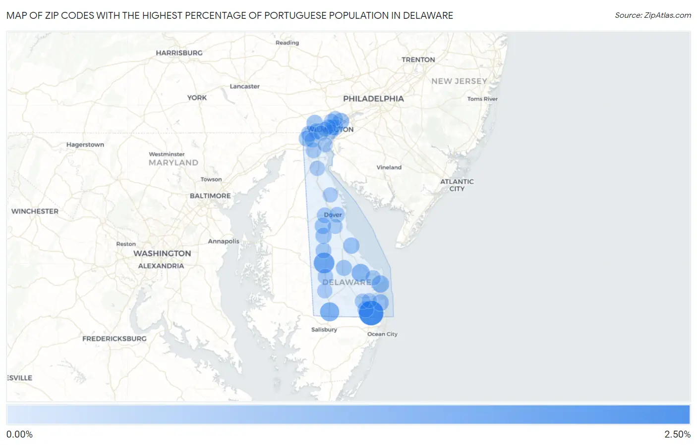Zip Codes with the Highest Percentage of Portuguese Population in Delaware Map