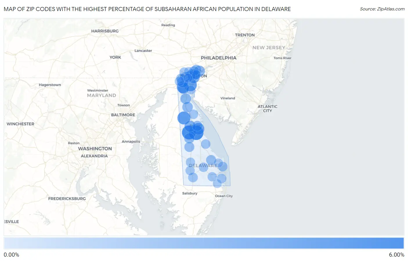 Zip Codes with the Highest Percentage of Subsaharan African Population in Delaware Map