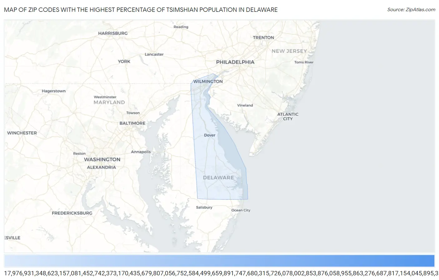 Zip Codes with the Highest Percentage of Tsimshian Population in Delaware Map