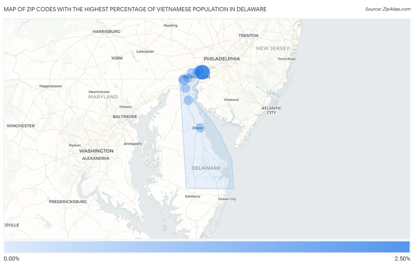Zip Codes with the Highest Percentage of Vietnamese Population in Delaware Map