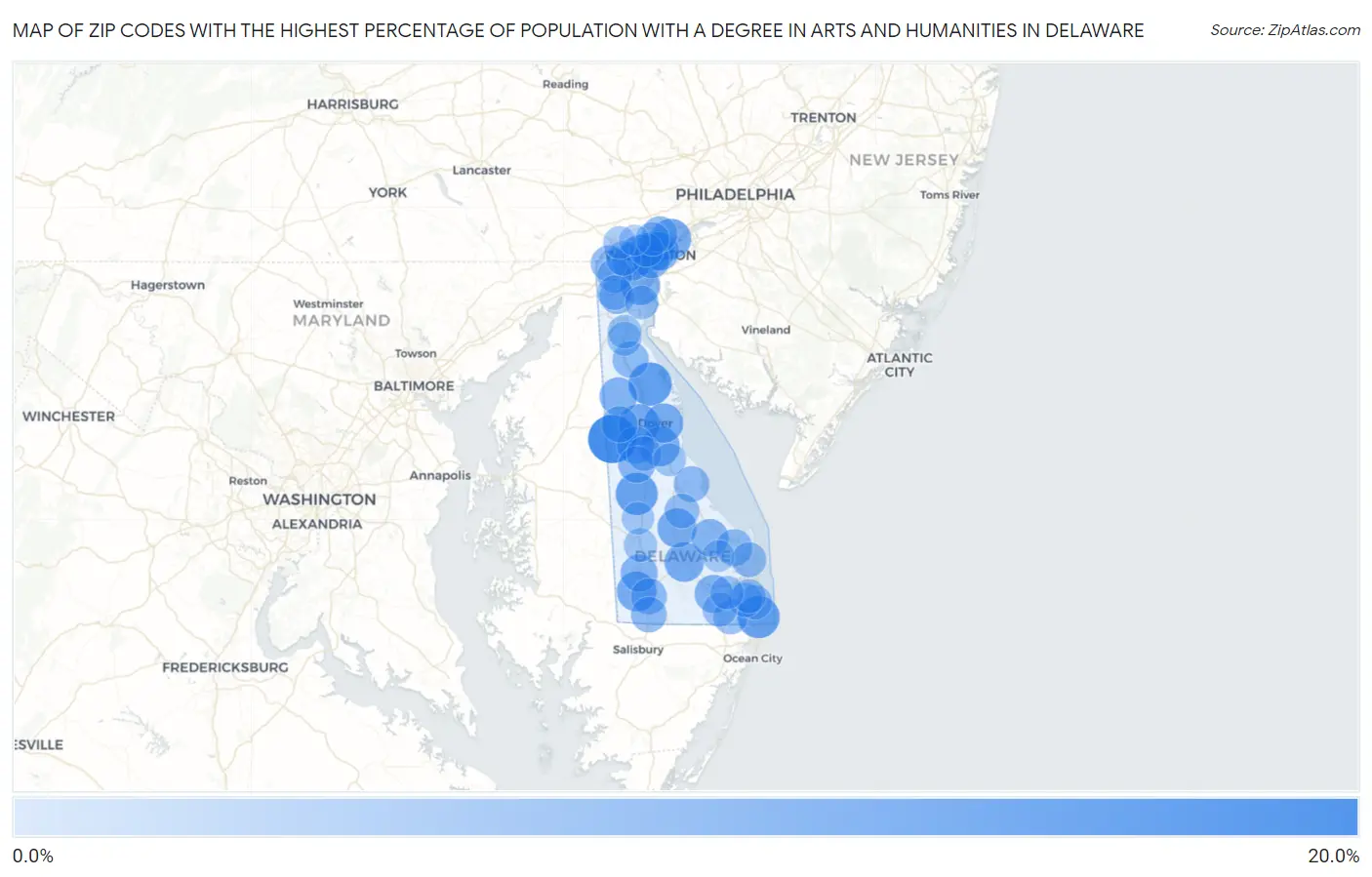 Zip Codes with the Highest Percentage of Population with a Degree in Arts and Humanities in Delaware Map