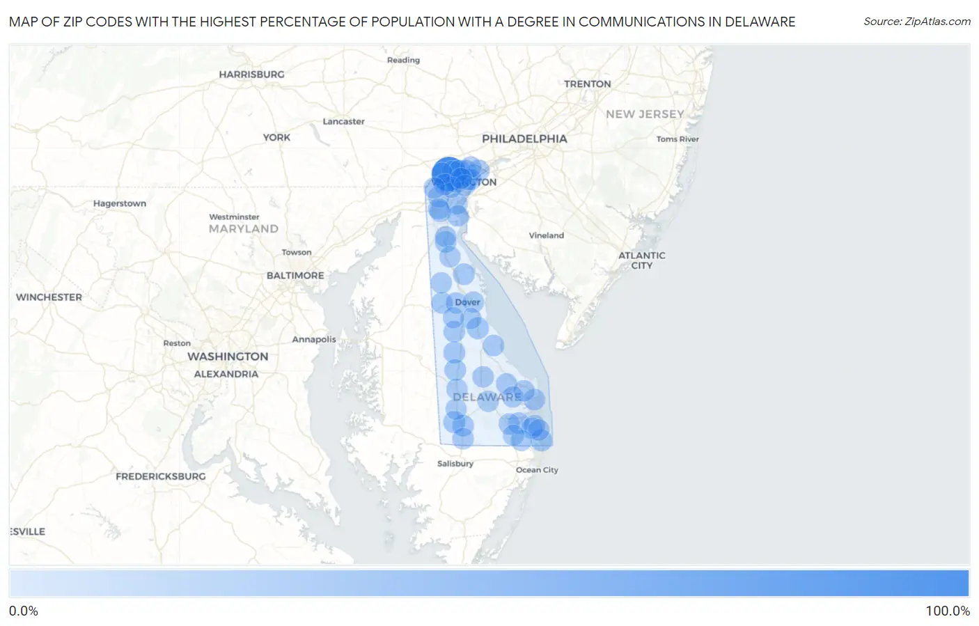 Zip Codes with the Highest Percentage of Population with a Degree in Communications in Delaware Map