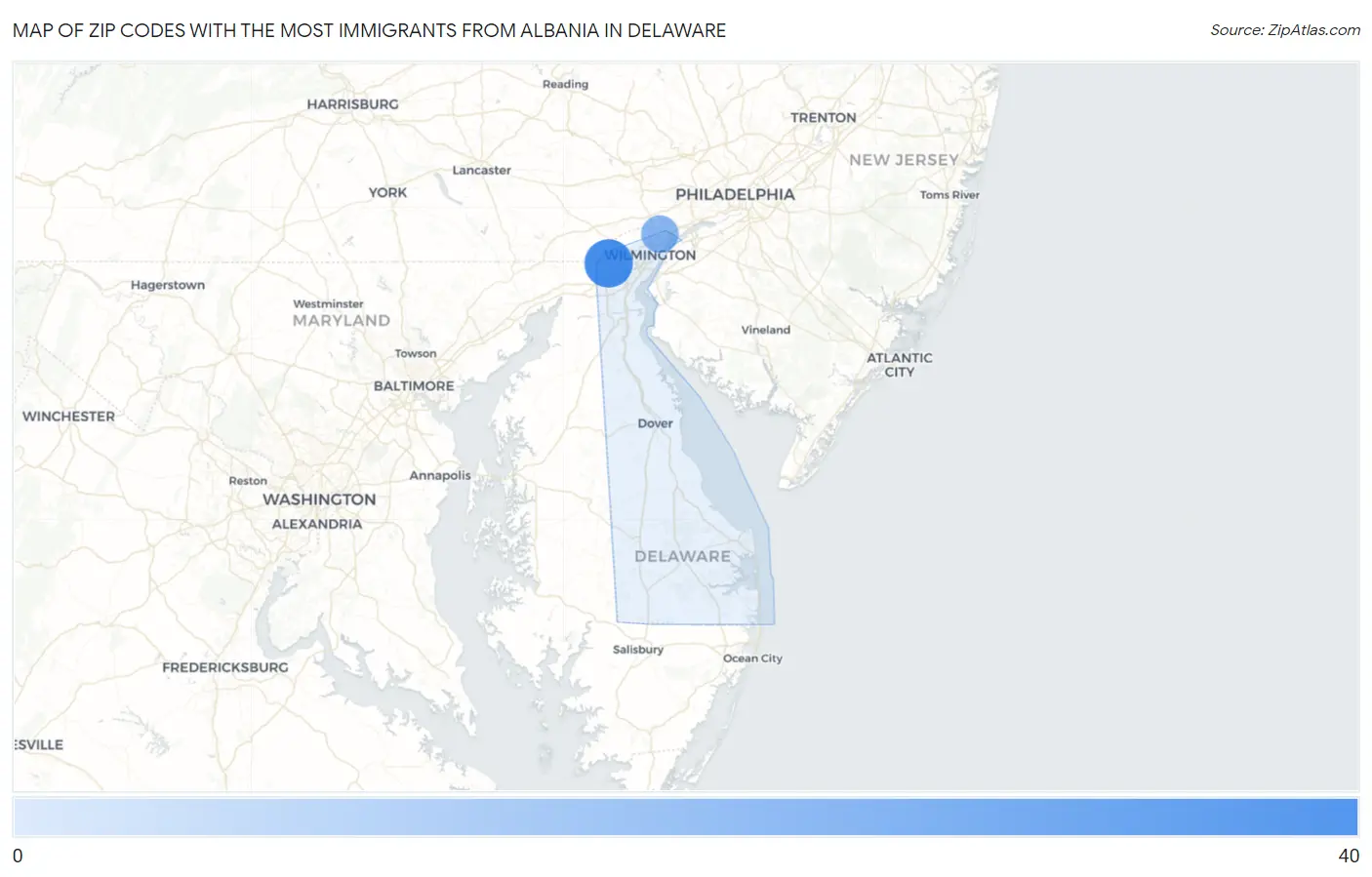 Zip Codes with the Most Immigrants from Albania in Delaware Map