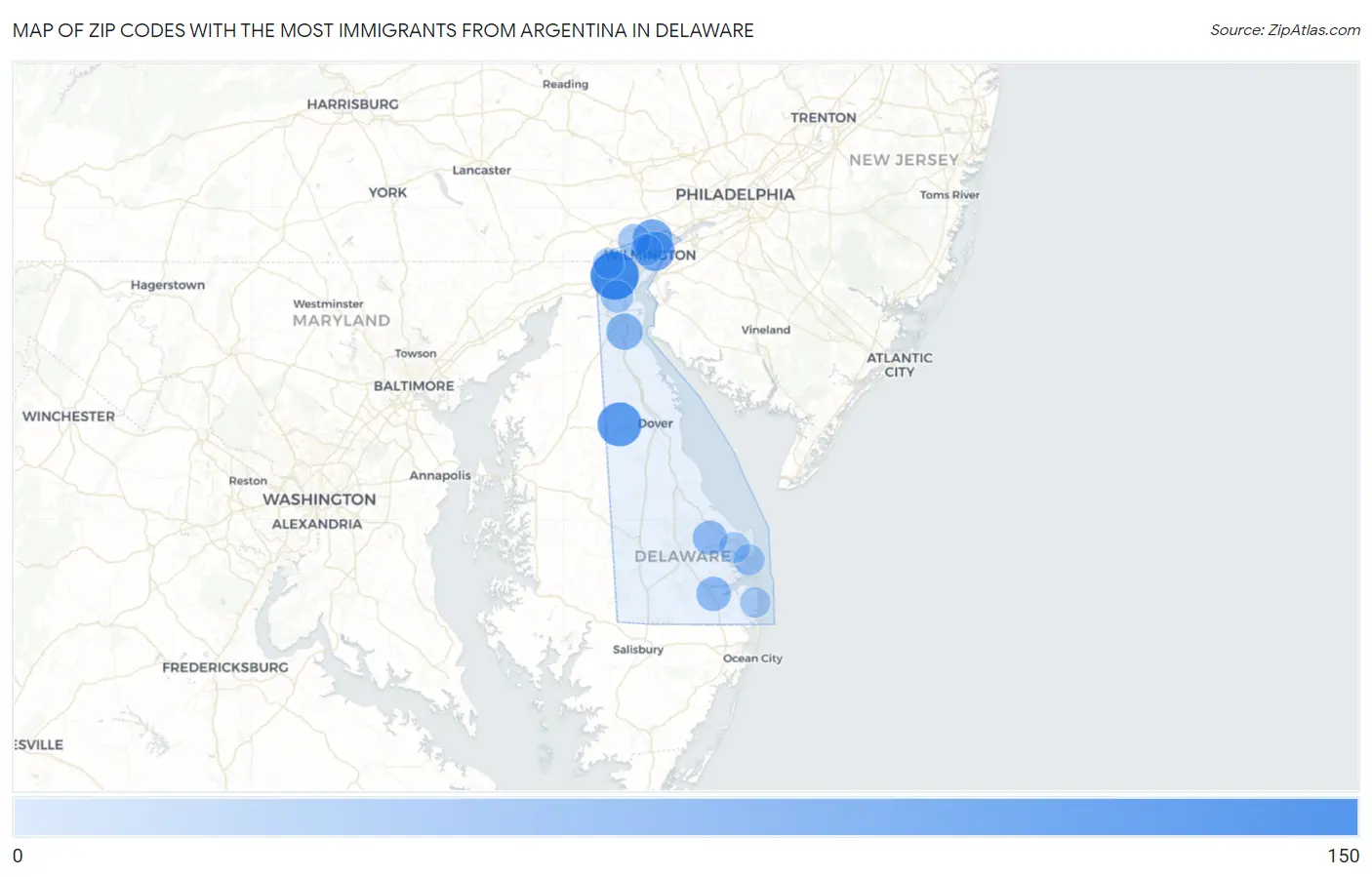Zip Codes with the Most Immigrants from Argentina in Delaware Map