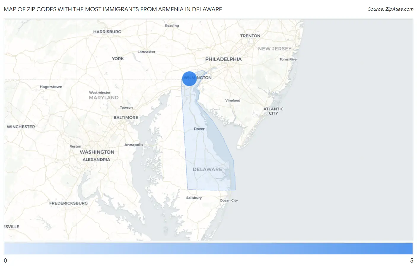 Zip Codes with the Most Immigrants from Armenia in Delaware Map