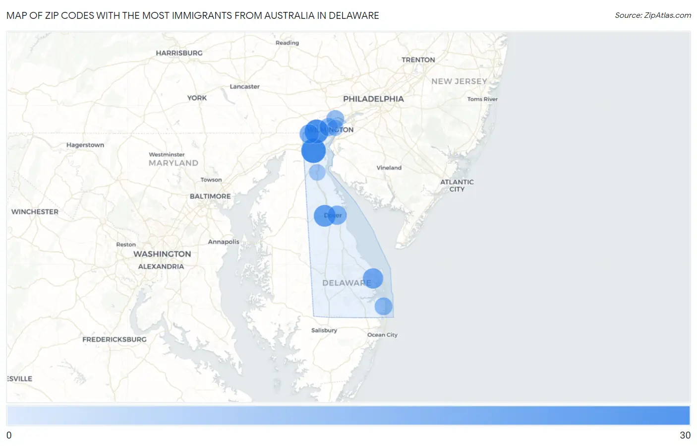 Zip Codes with the Most Immigrants from Australia in Delaware Map