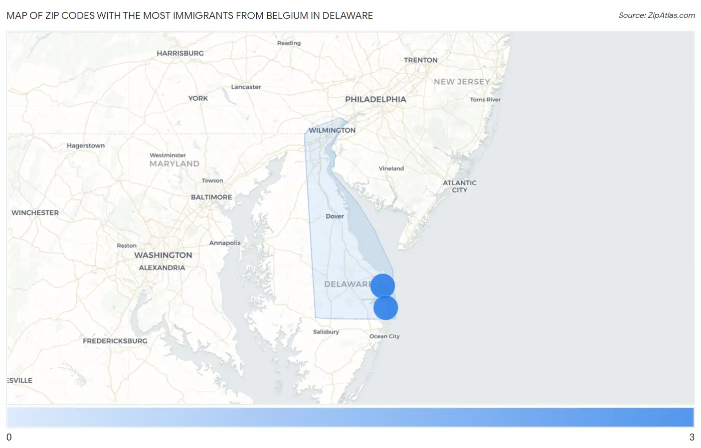 Zip Codes with the Most Immigrants from Belgium in Delaware Map