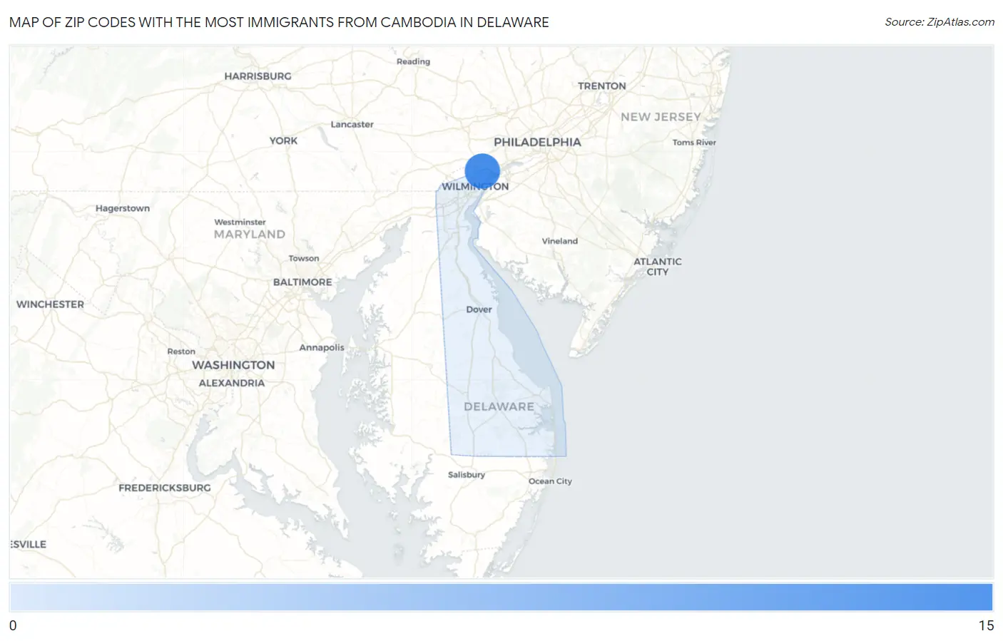 Zip Codes with the Most Immigrants from Cambodia in Delaware Map