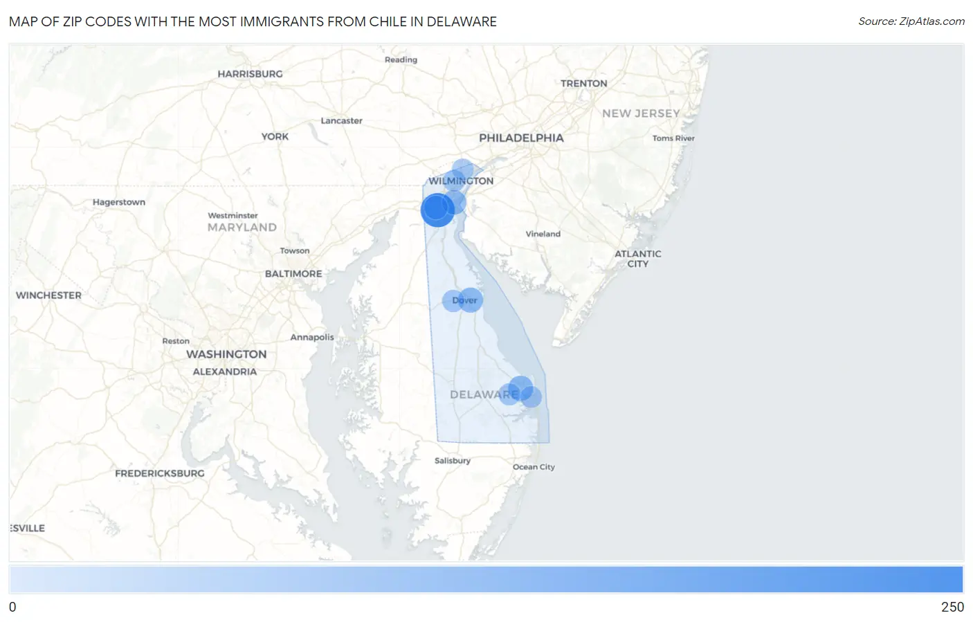 Zip Codes with the Most Immigrants from Chile in Delaware Map