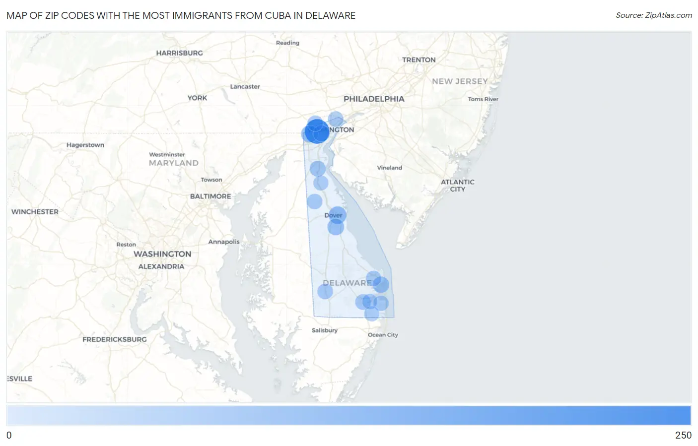 Zip Codes with the Most Immigrants from Cuba in Delaware Map