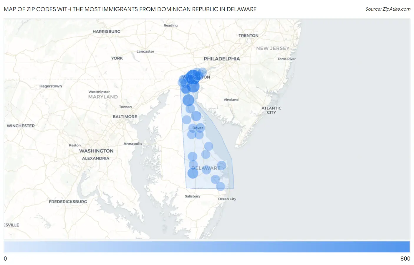 Zip Codes with the Most Immigrants from Dominican Republic in Delaware Map
