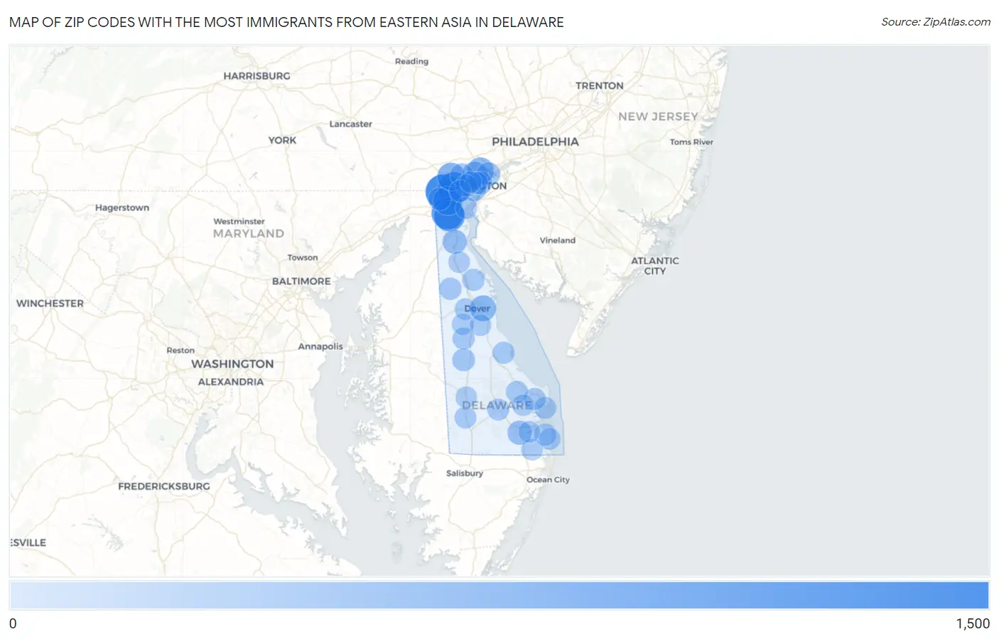 Zip Codes with the Most Immigrants from Eastern Asia in Delaware Map
