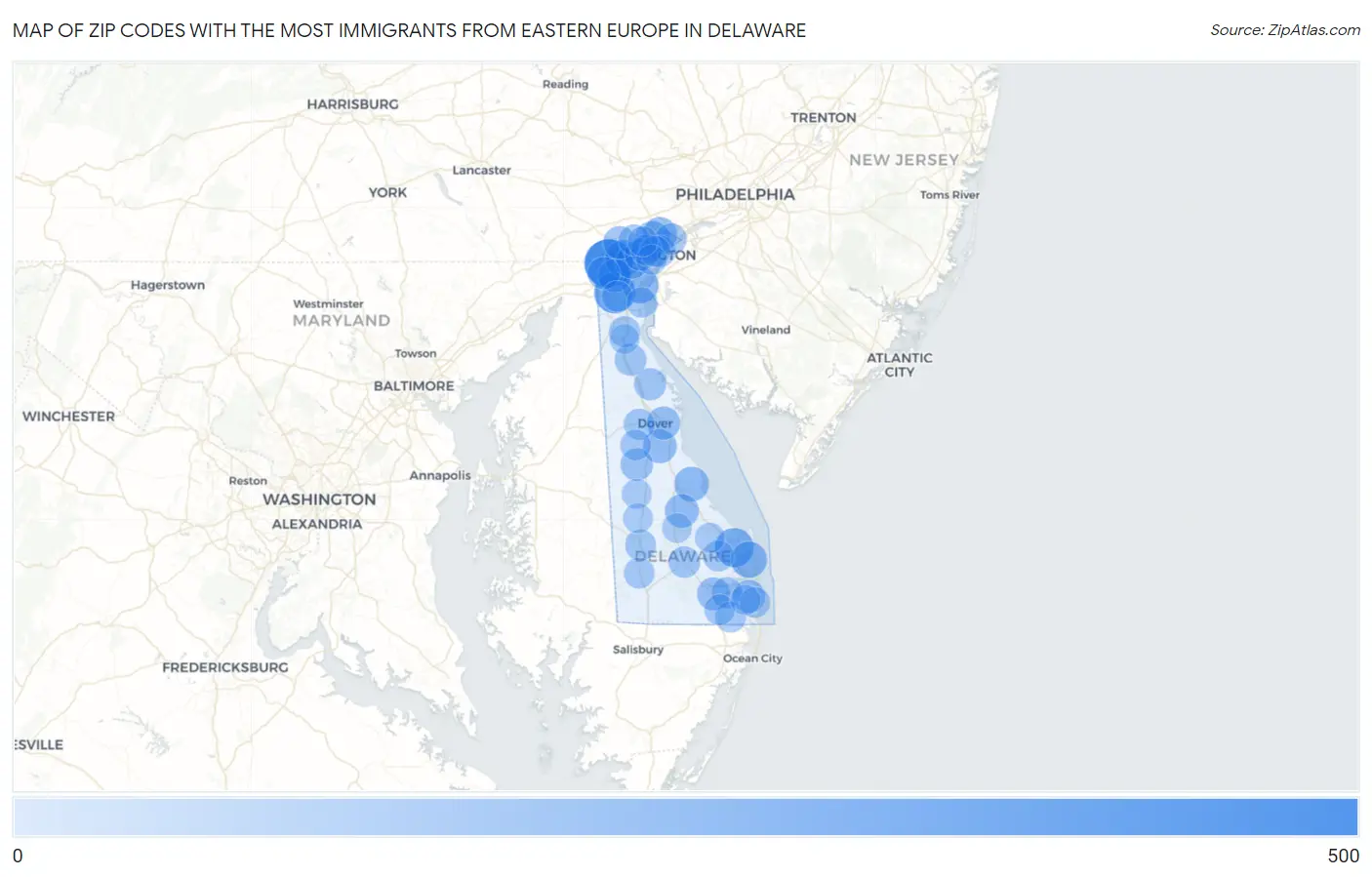 Zip Codes with the Most Immigrants from Eastern Europe in Delaware Map