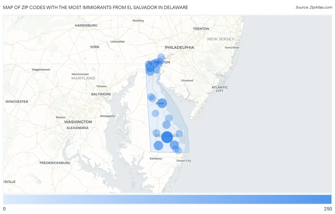 Zip Codes with the Most Immigrants from El Salvador in Delaware Map