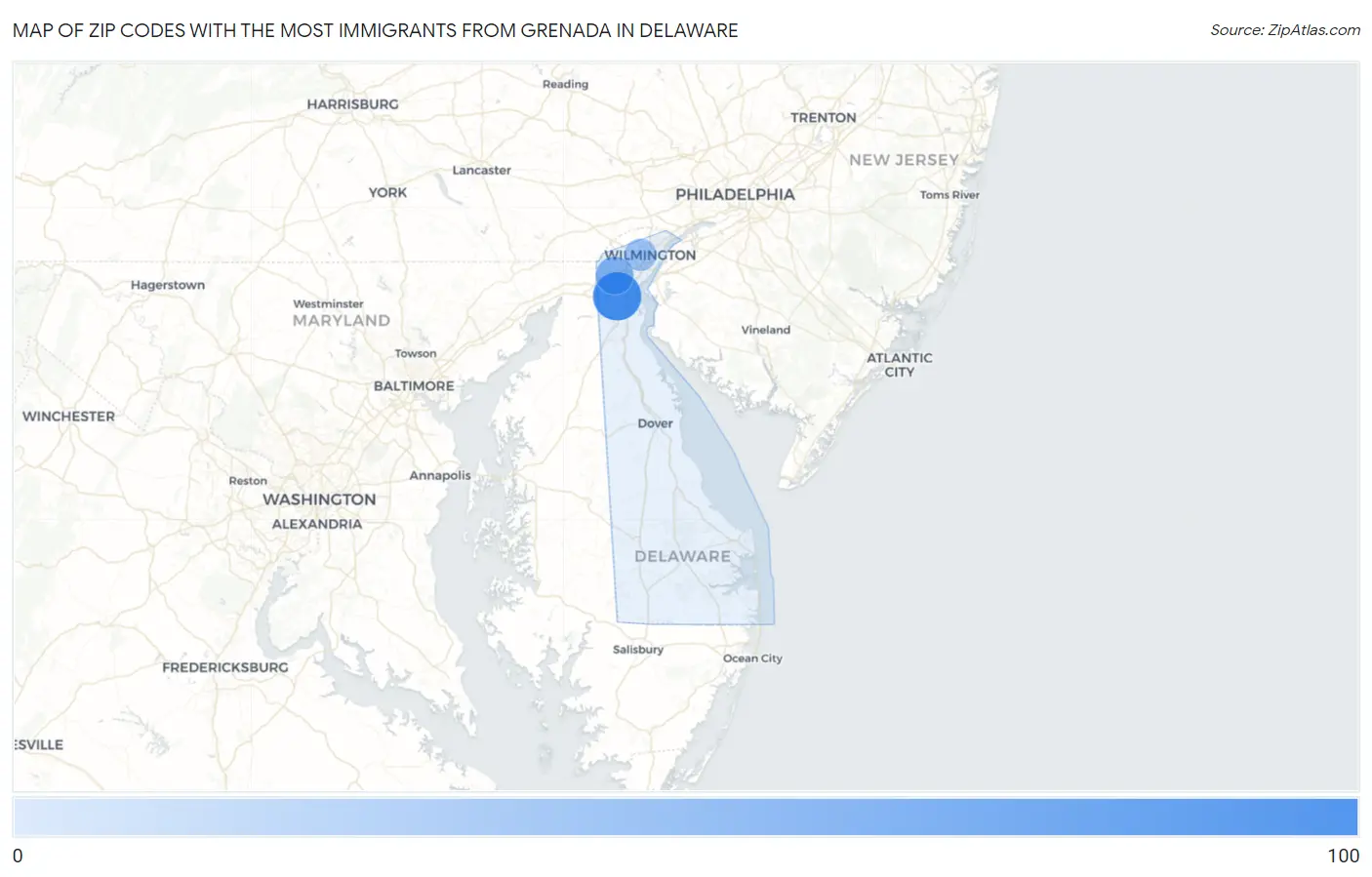 Zip Codes with the Most Immigrants from Grenada in Delaware Map