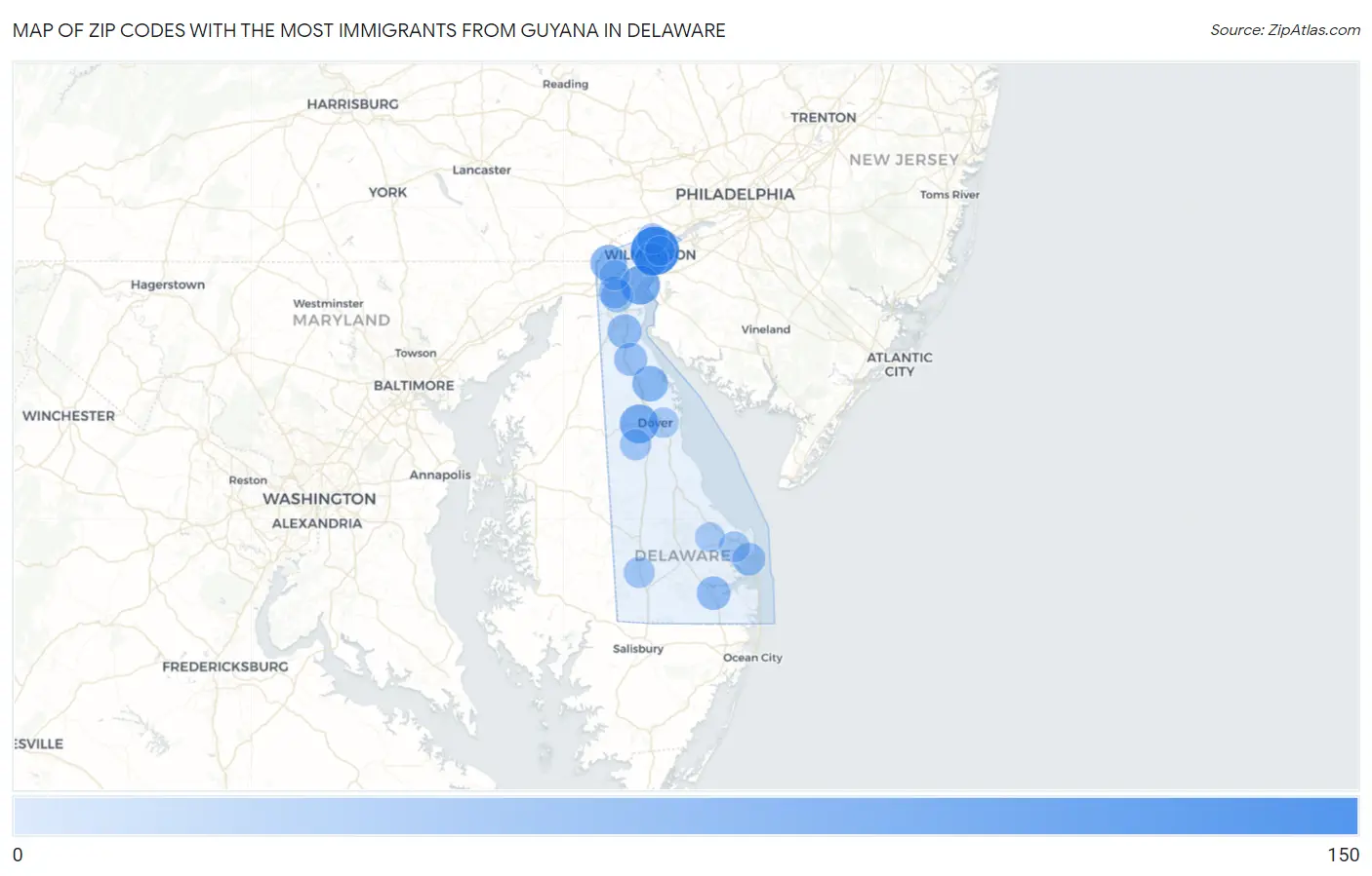 Zip Codes with the Most Immigrants from Guyana in Delaware Map