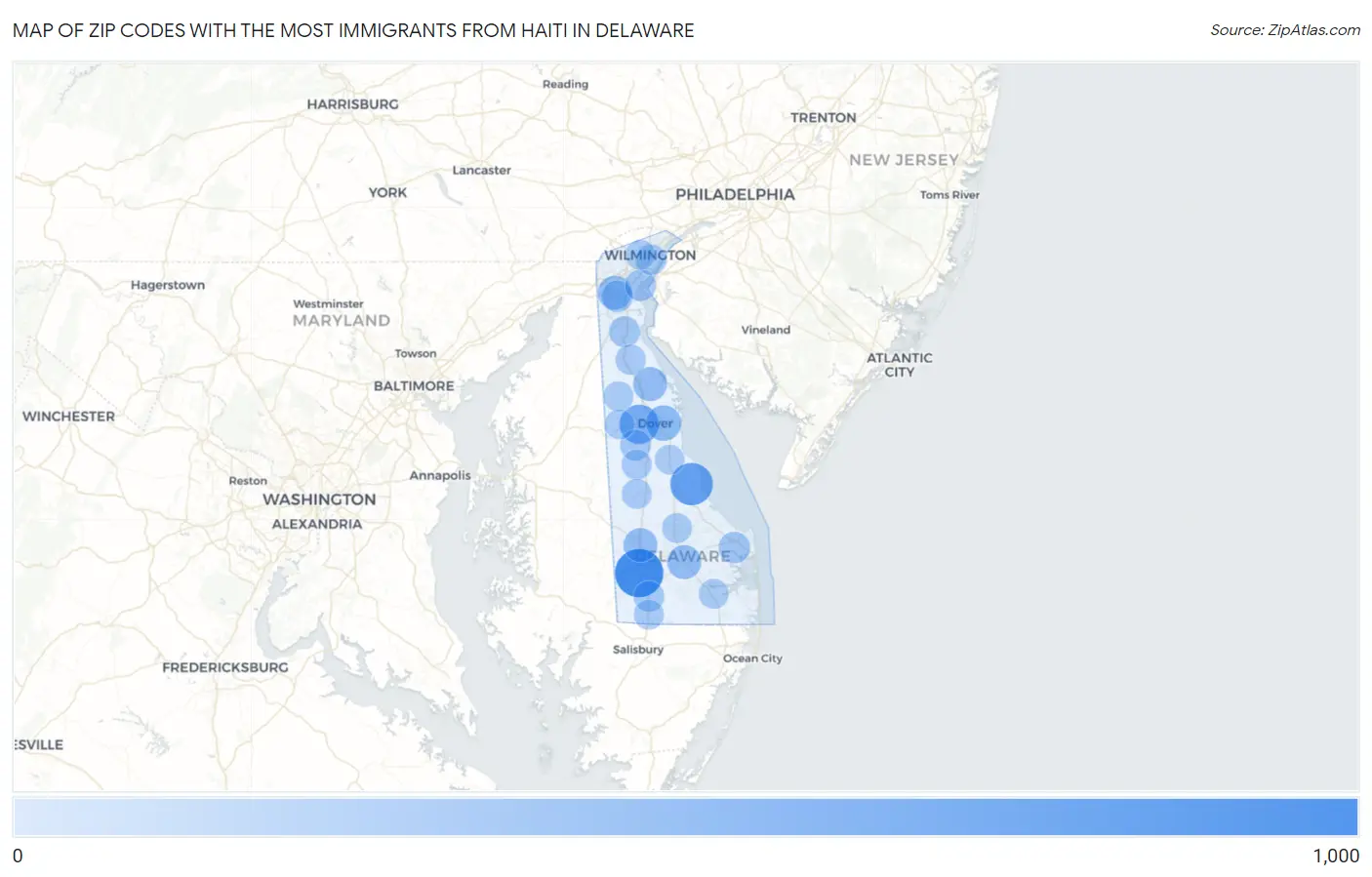 Zip Codes with the Most Immigrants from Haiti in Delaware Map