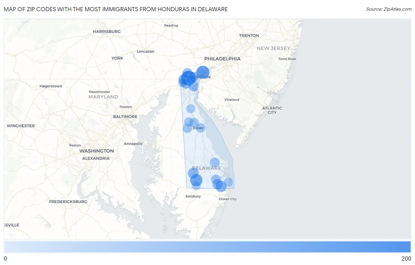 Zip Codes with the Most Immigrants from Honduras in Delaware Map