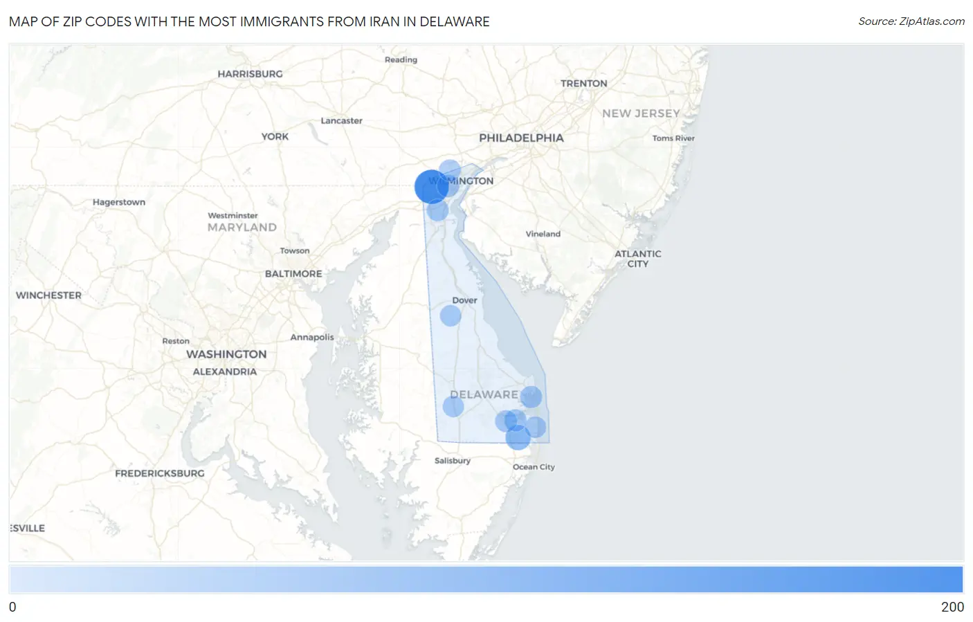 Zip Codes with the Most Immigrants from Iran in Delaware Map