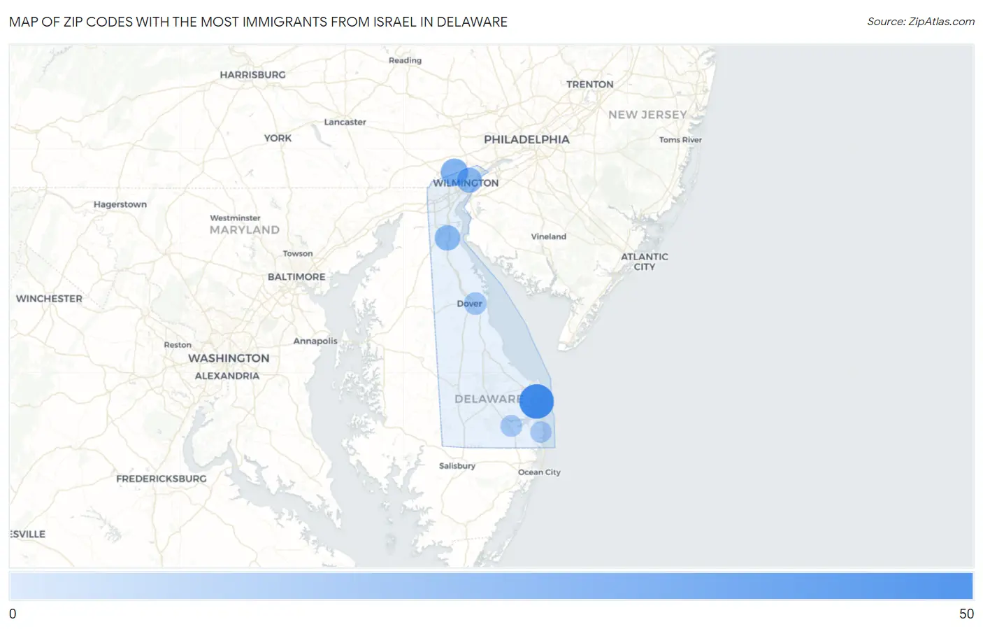 Zip Codes with the Most Immigrants from Israel in Delaware Map