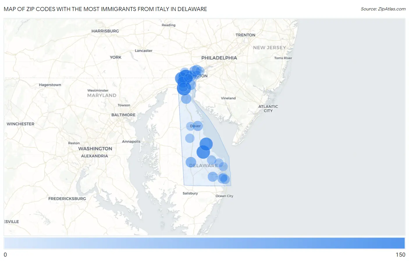 Zip Codes with the Most Immigrants from Italy in Delaware Map