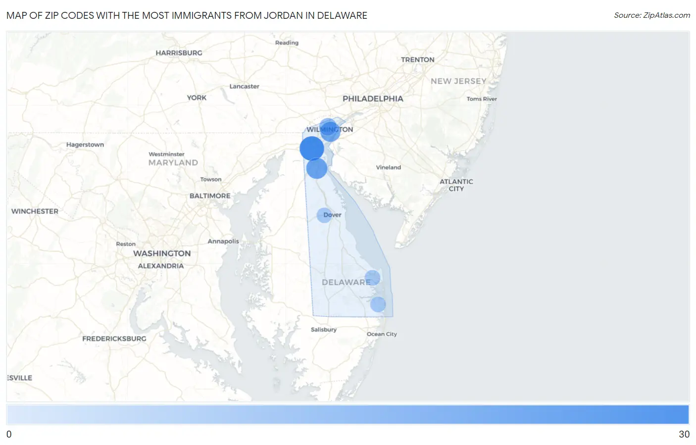 Zip Codes with the Most Immigrants from Jordan in Delaware Map