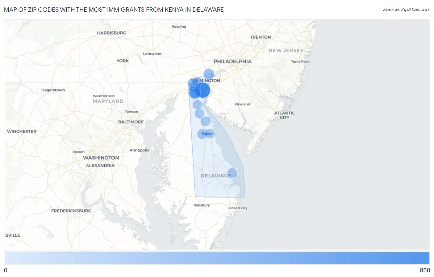 Zip Codes with the Most Immigrants from Kenya in Delaware Map