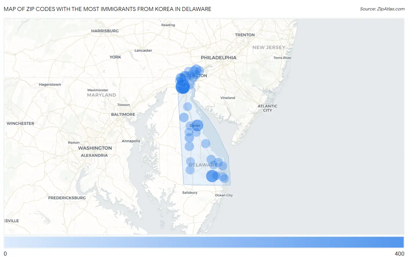 Zip Codes with the Most Immigrants from Korea in Delaware Map