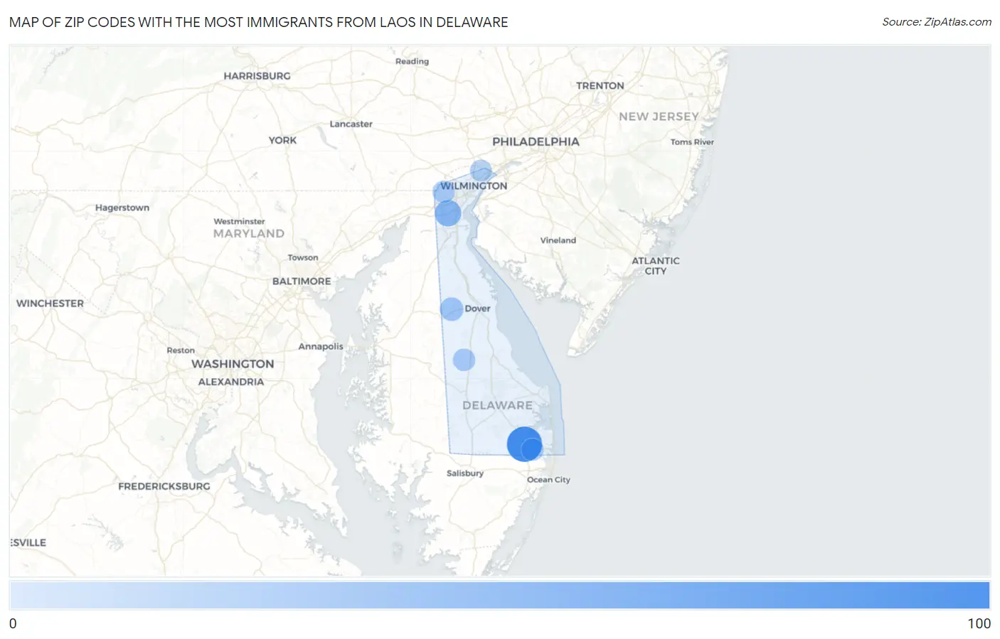 Zip Codes with the Most Immigrants from Laos in Delaware Map