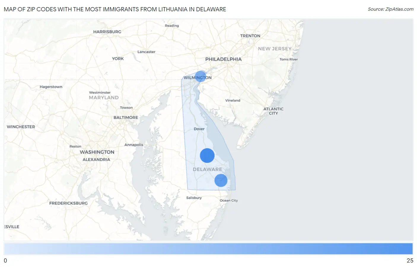 Zip Codes with the Most Immigrants from Lithuania in Delaware Map