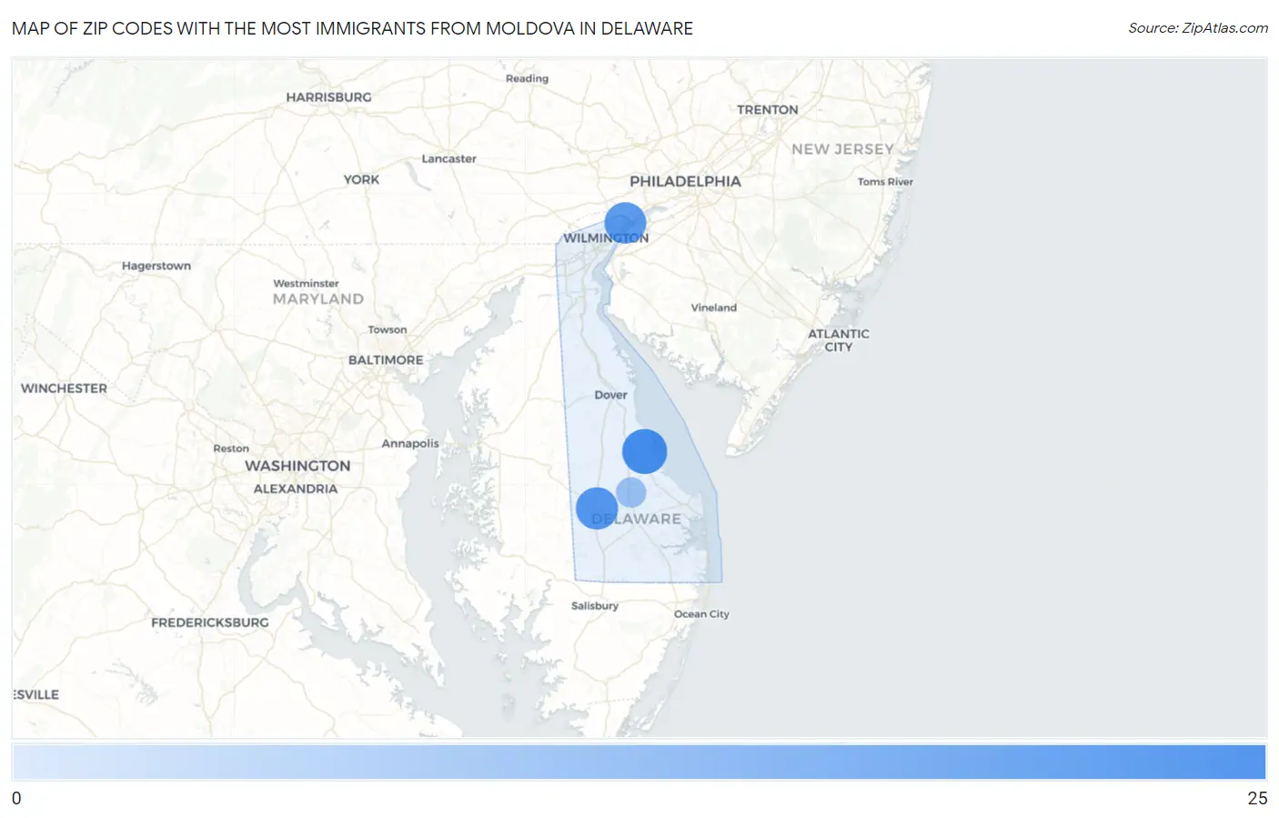 Zip Codes with the Most Immigrants from Moldova in Delaware Map