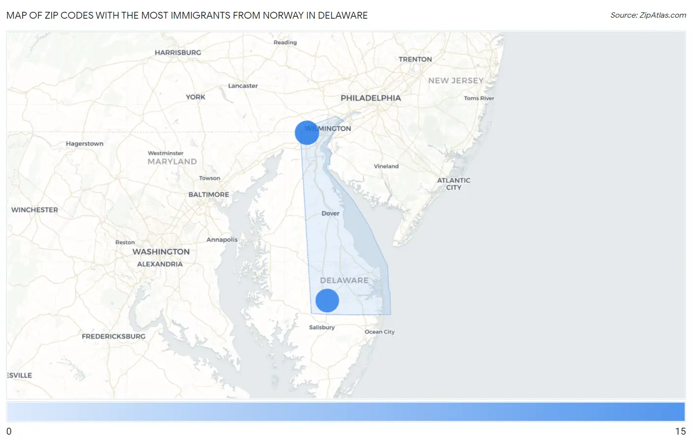 Zip Codes with the Most Immigrants from Norway in Delaware Map