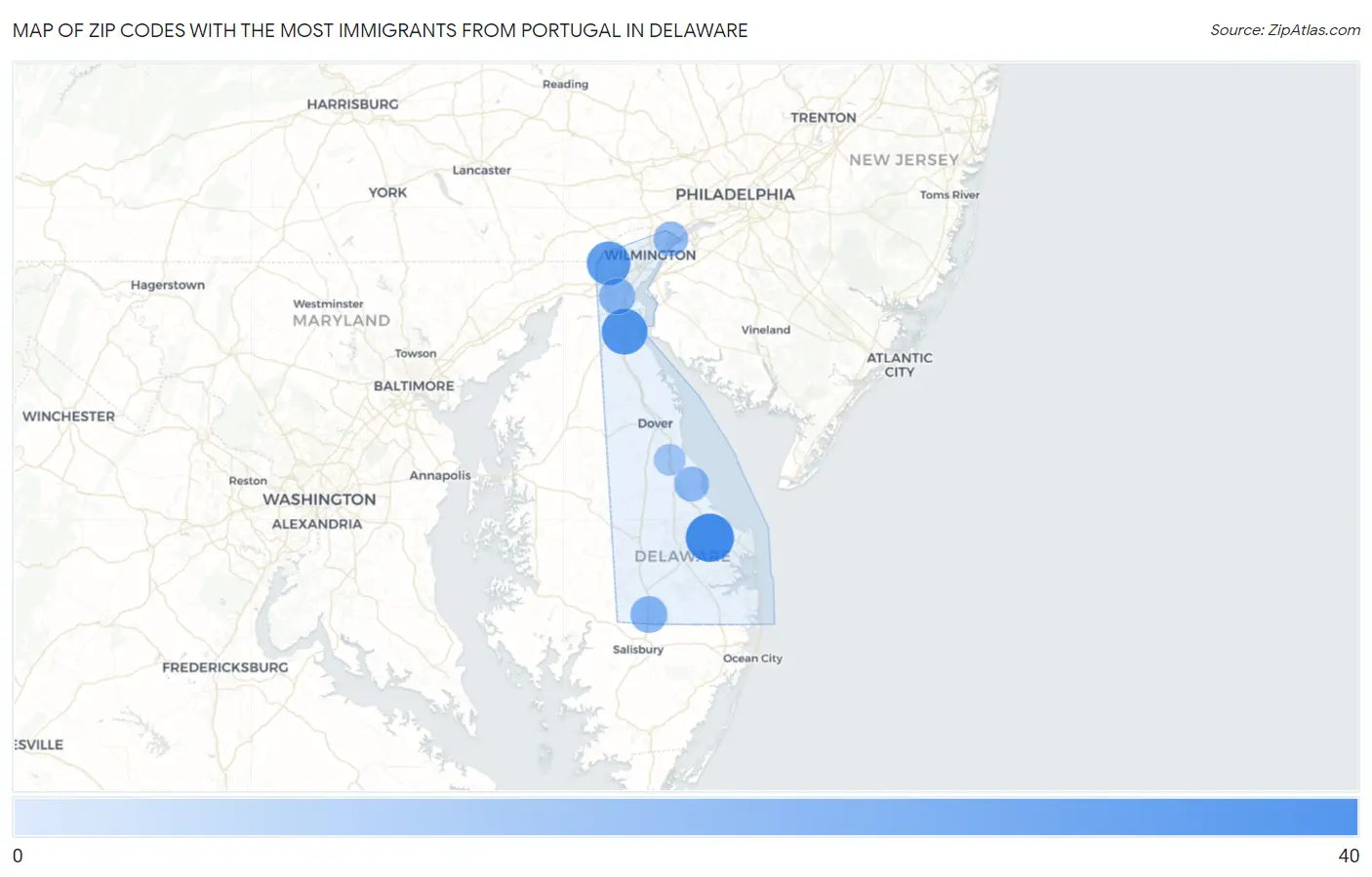 Zip Codes with the Most Immigrants from Portugal in Delaware Map