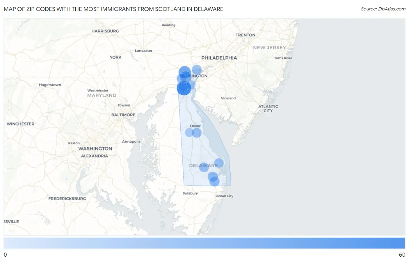 Zip Codes with the Most Immigrants from Scotland in Delaware Map