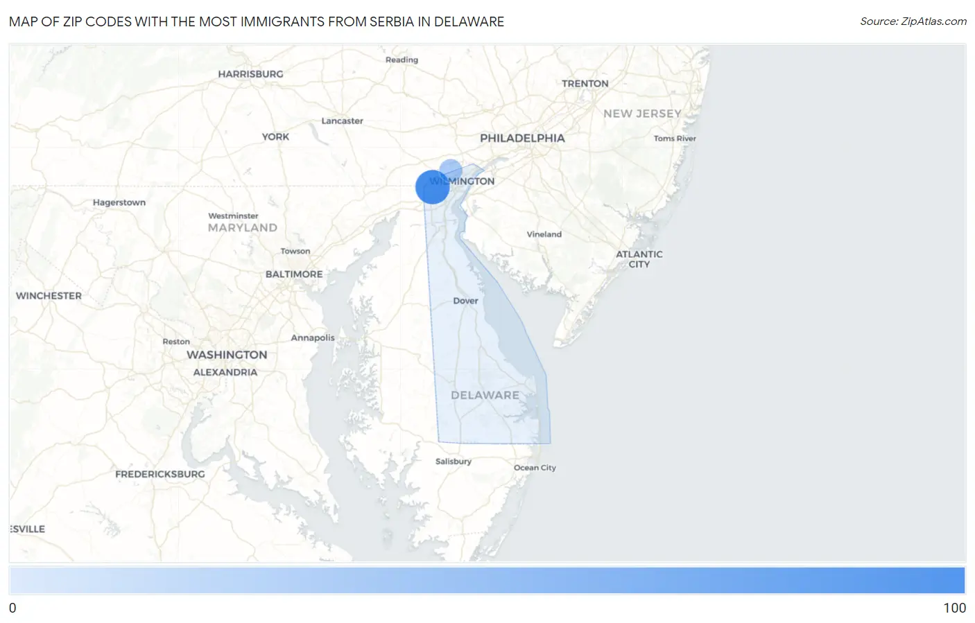 Zip Codes with the Most Immigrants from Serbia in Delaware Map