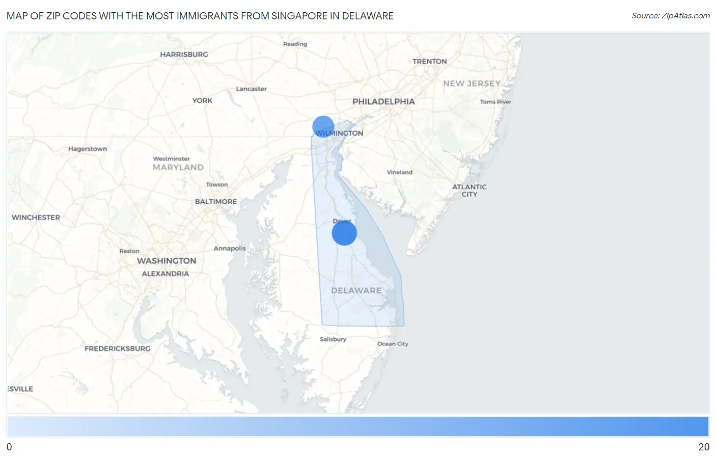 Zip Codes with the Most Immigrants from Singapore in Delaware Map