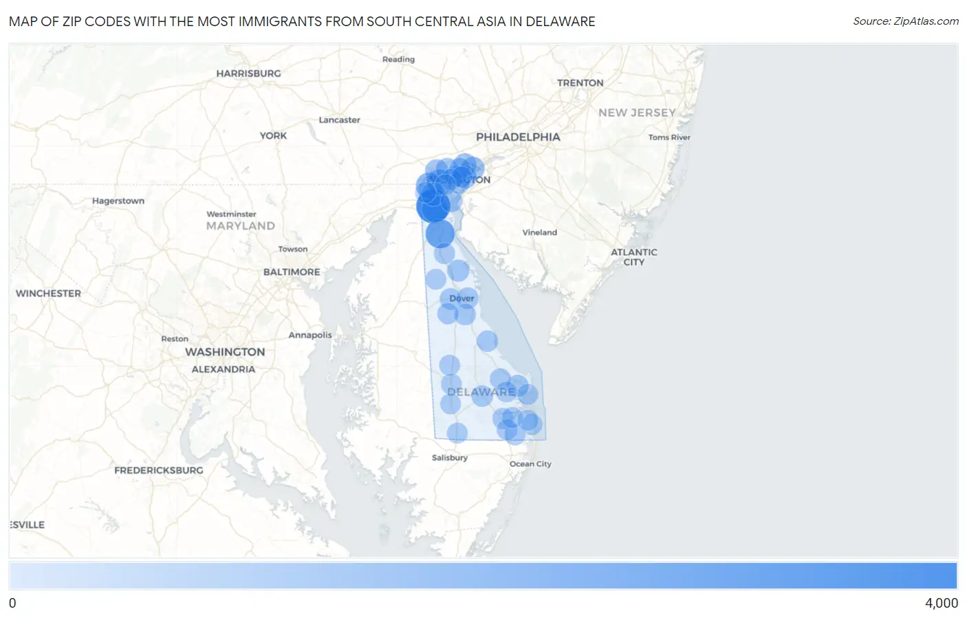 Zip Codes with the Most Immigrants from South Central Asia in Delaware Map