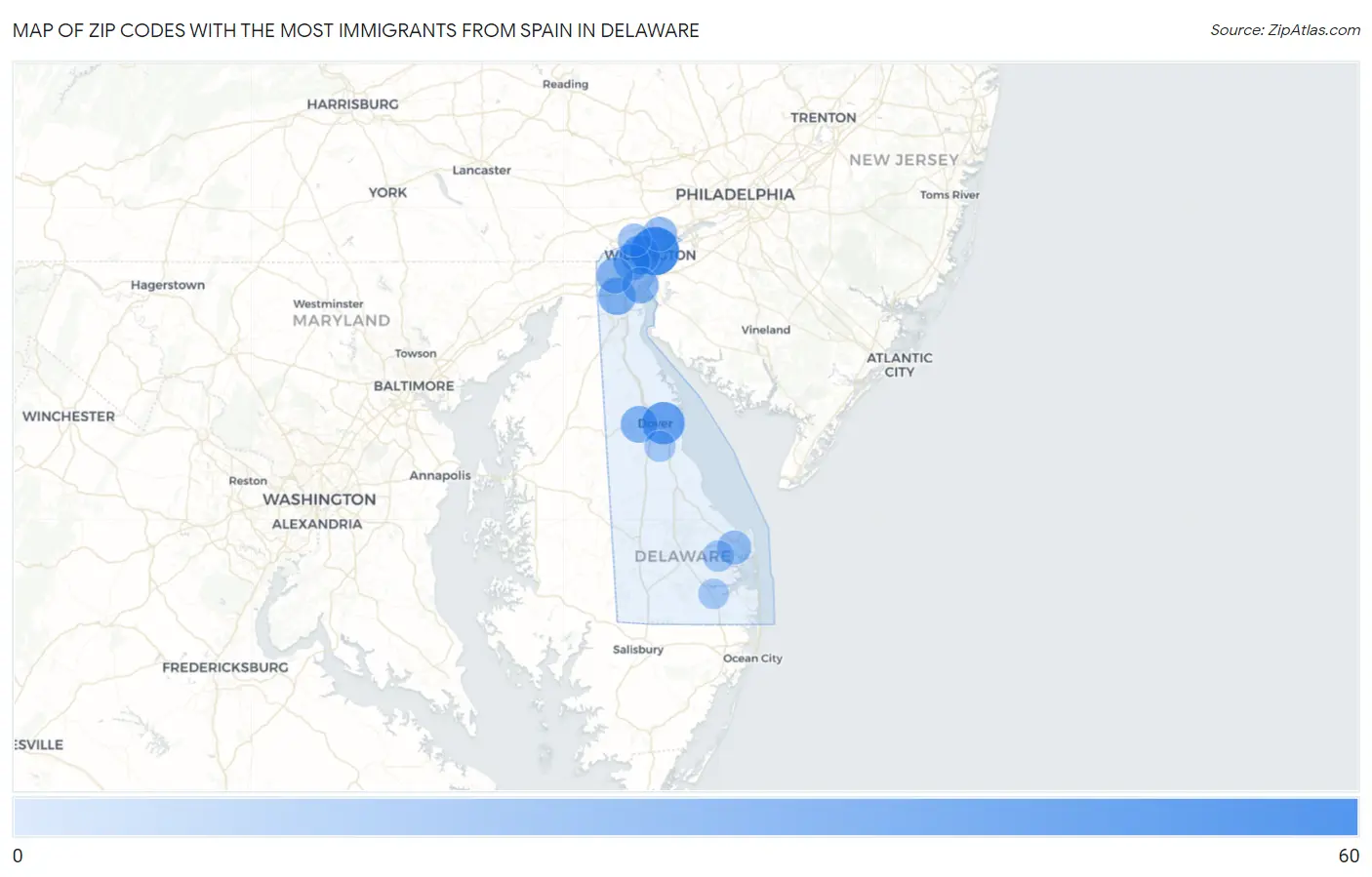 Zip Codes with the Most Immigrants from Spain in Delaware Map