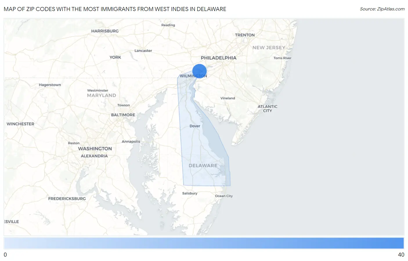 Zip Codes with the Most Immigrants from West Indies in Delaware Map