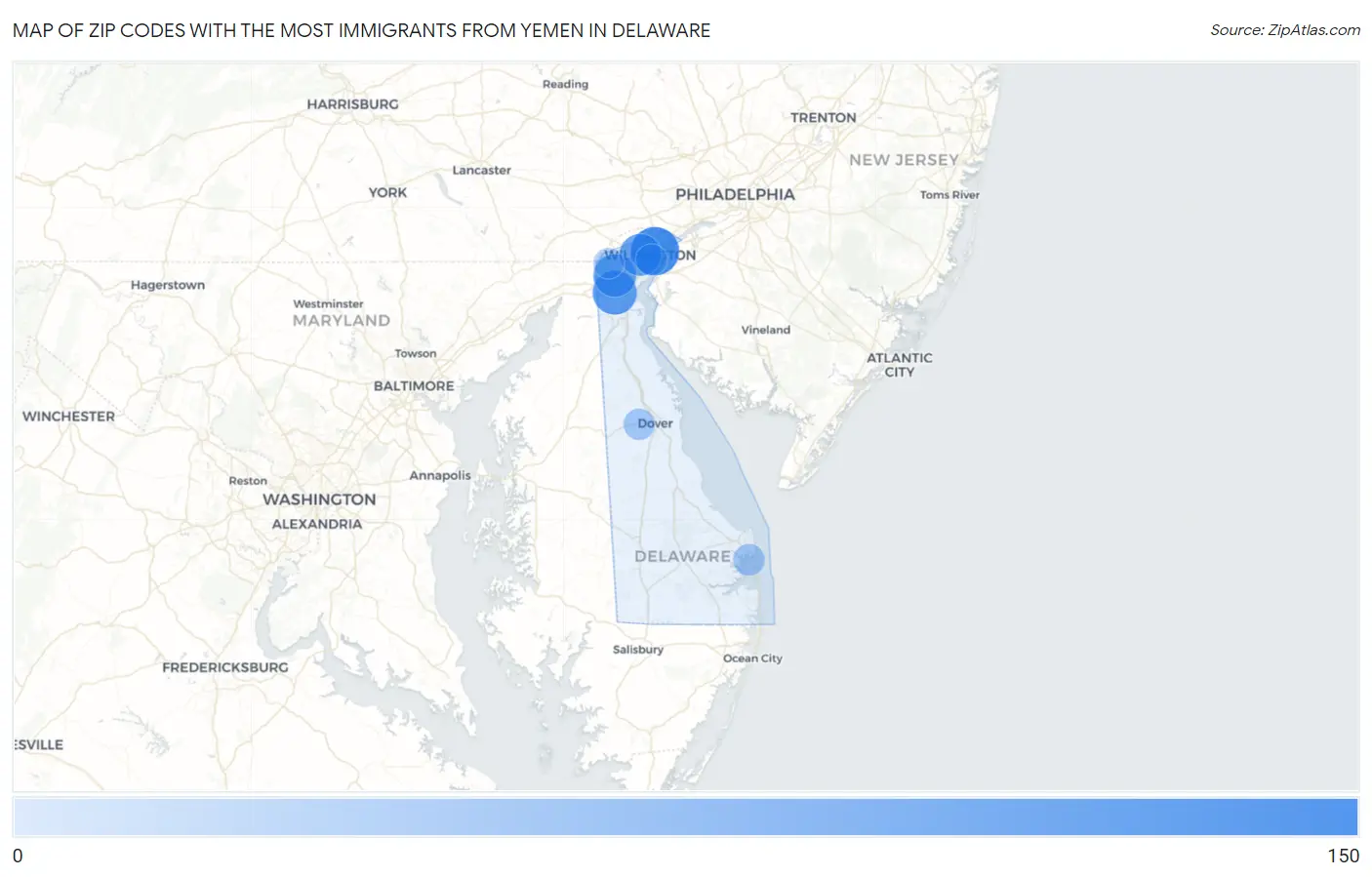 Zip Codes with the Most Immigrants from Yemen in Delaware Map