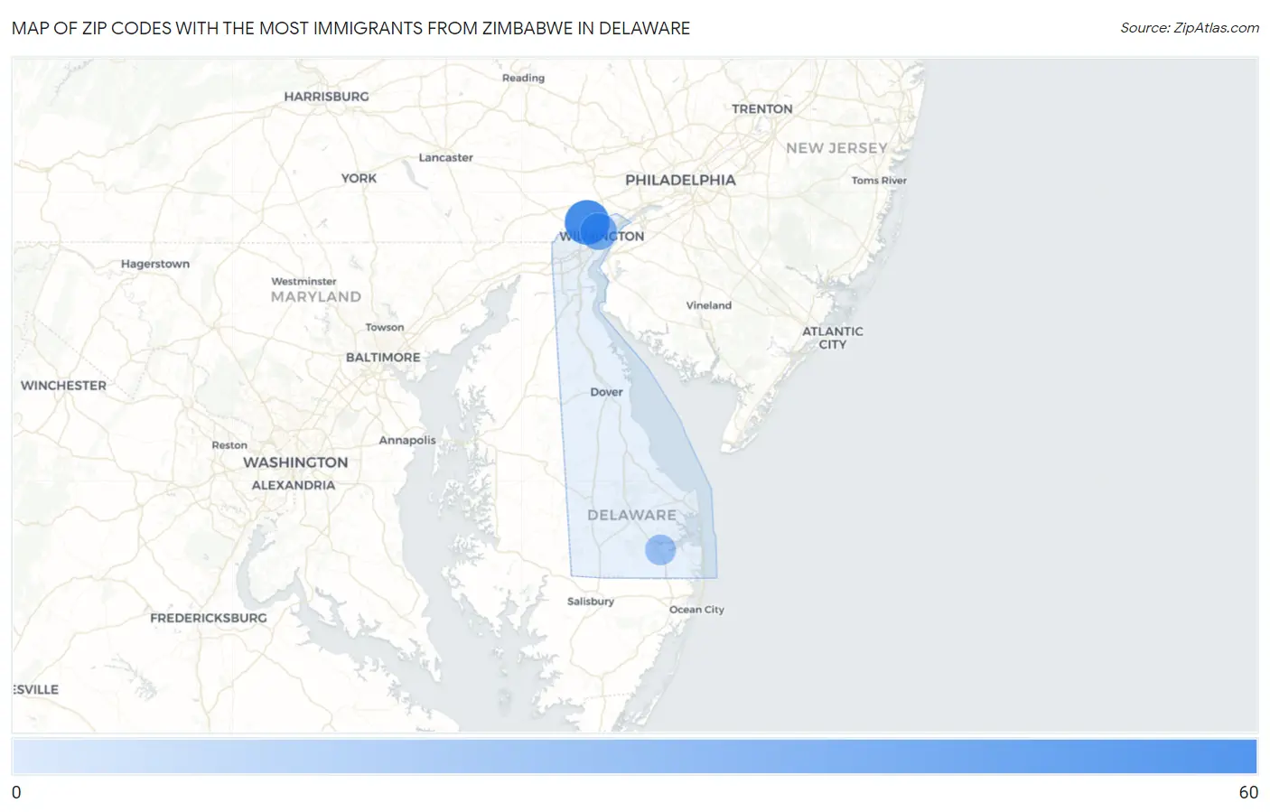 Zip Codes with the Most Immigrants from Zimbabwe in Delaware Map