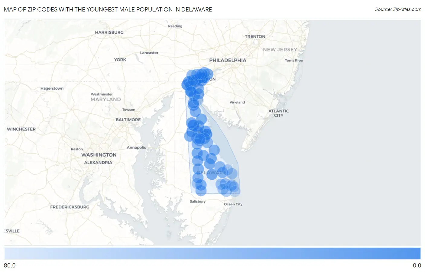Zip Codes with the Youngest Male Population in Delaware Map