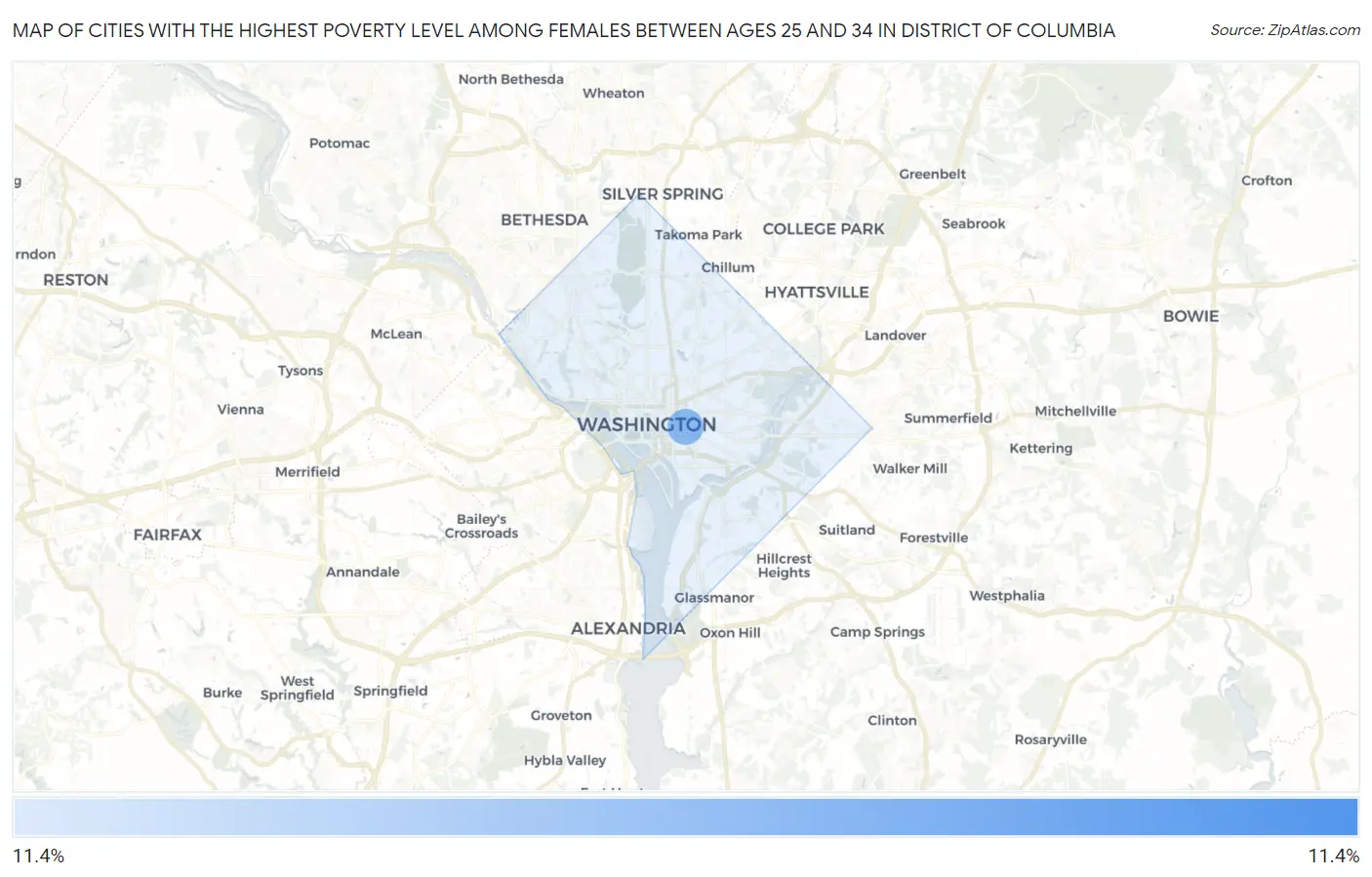 Cities with the Highest Poverty Level Among Females Between Ages 25 and 34 in District Of Columbia Map