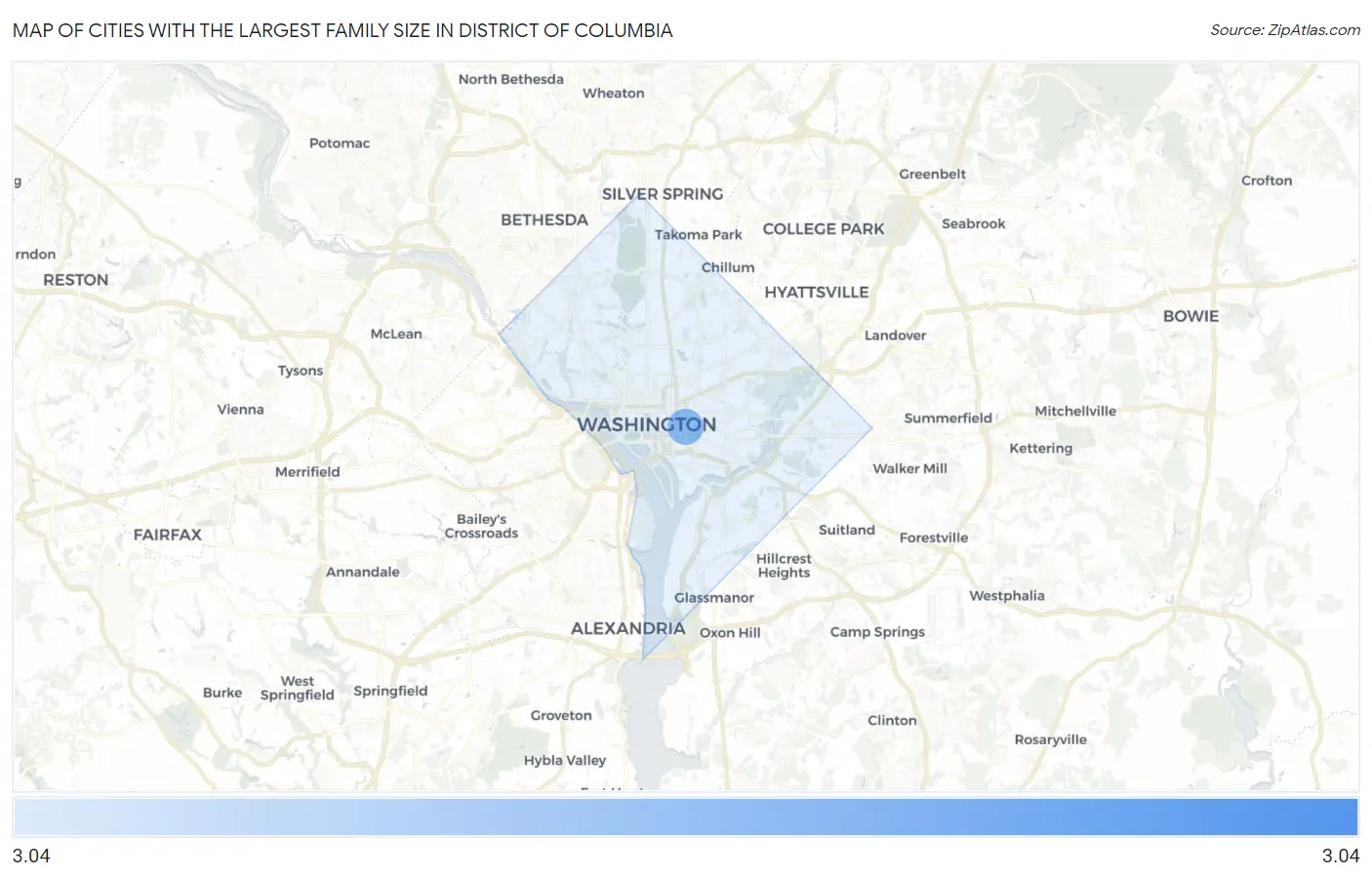 Cities with the Largest Family Size in District Of Columbia Map