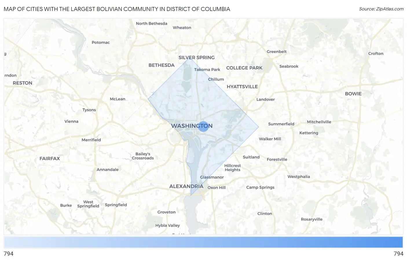 Cities with the Largest Bolivian Community in District Of Columbia Map