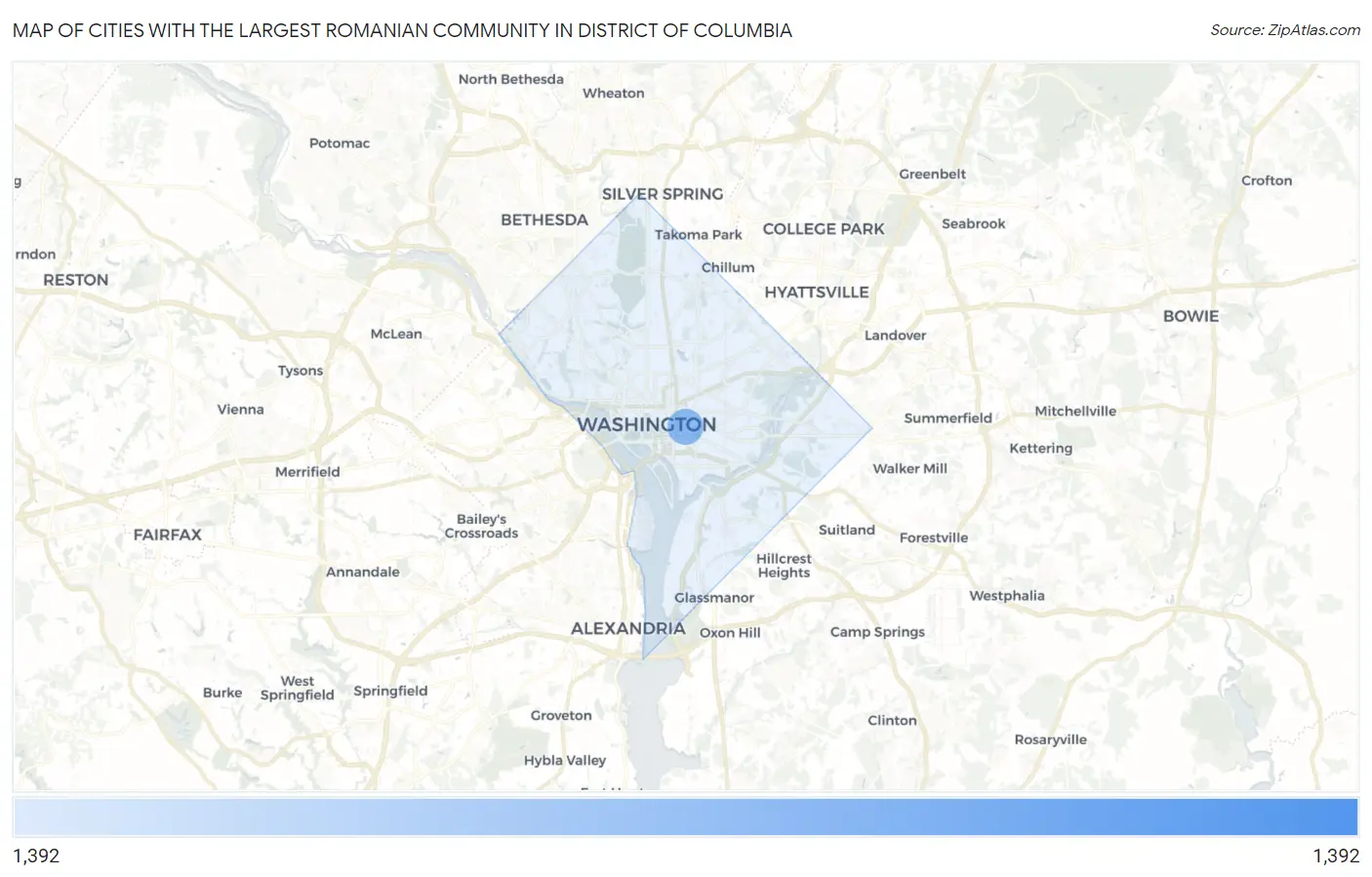 Cities with the Largest Romanian Community in District Of Columbia Map